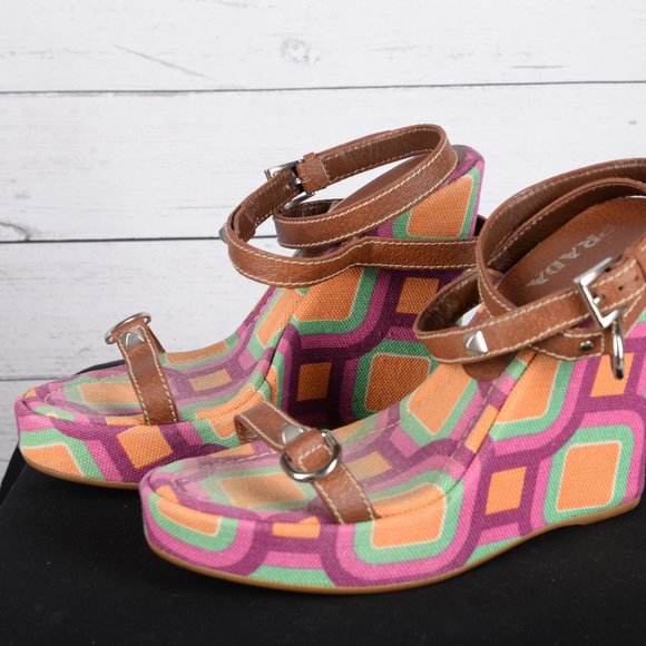 Prada Shoes - Prada Canvas Wedge Sandals with Studded Straps